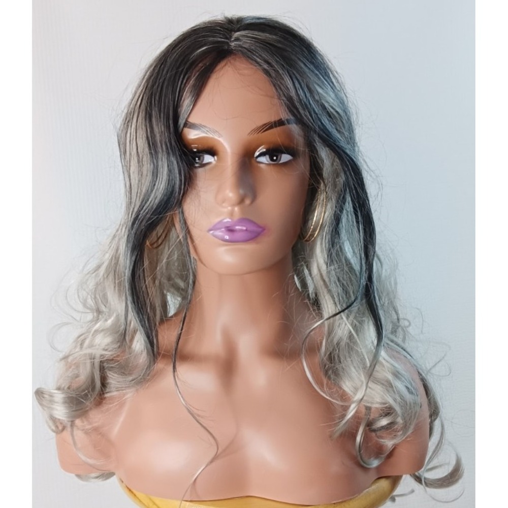 Curly Wavy Long synthetic Black Gray Silver Highlights middle Part hair wig 27"